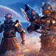 Two spartans wearing Yoroi armor wield a battle rifle and a ravager in Halo Infinite.